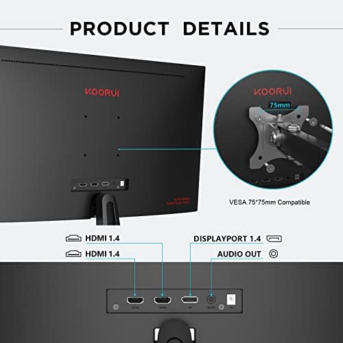 KOORUI 24 cale Monitor, Monitor do gier Full-HD Ekran PC VA 1ms 165Hz Monitor, DCI-P3 85%, AdaptiveSync Technologie, 2 x HDMI, DisplayPort, regulowane nachylenie, czarny