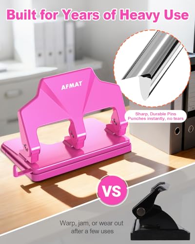 Image of AFMAT 3 Hole Punch Heavy Duty, 40-Sheet Three Hole Punch, 50% Reduced Effort, 3 Hole Puncher for Binder w /Large Chip Tray, 9 /32 inch Holes Diameter, Metal Paper Puncher for Home /Office /School, HP14(Pink)