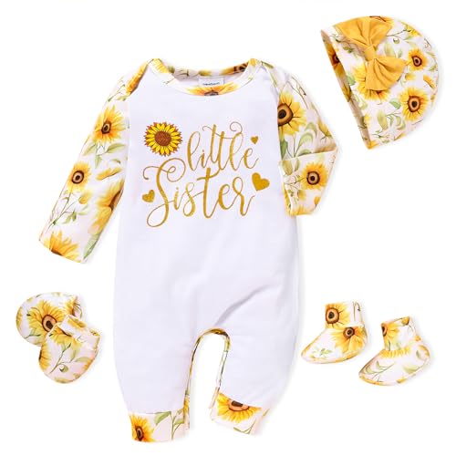 Image of Sinhoon Newborn Baby Girl Romper Infant Letter Print Bodysuit Jumpsuit+Hat+Gloves+Socks 4Pcs Coming Home Clothes Outfit