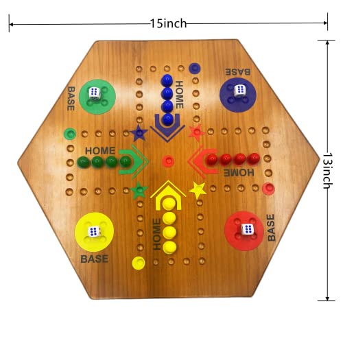 Solid Pine Marble Board Game Wahoo Board Game Double Sided Painted 15" Wooden Fast Track Board Game Set For 6 And 4 Players With 6 Colors 30 Glass Marbles 6 Dice For Kids Friends Family Game Party #TOP2
