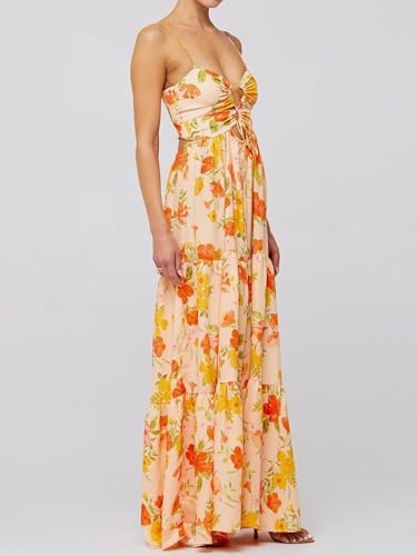 Image of Womens Summer Floral Spaghetti Strap Backless Low Cut Smocked Milkmaid Flowy Beach Sundresses