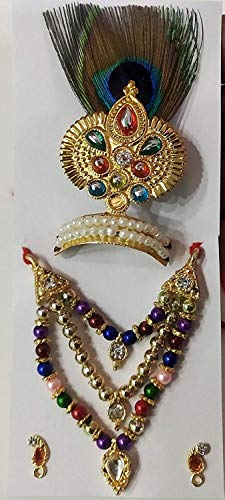 Satisfactory Nation Krishna Mukut Krishna Crown with Beautiful Stone and Peacock Pankh with Jewellery