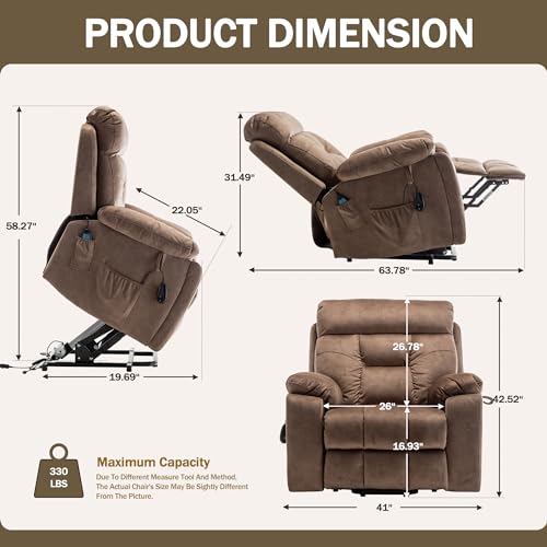 Oversized Power Lift Recliner Chair for Elderly with Massage Heat, Brown Velvet Electric Lay Flat Recliners with Cup Holders, Side Pockets, Infinite Position, Gift for Family