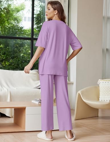Image of Ekouaer Lounge Sets for Women Short Sleeve Tops and Long Pants Soft Comfy Pajamas Set 2 Piece Outfits