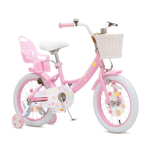 Image of Girls Bike with Basket for Toddlers and Kids Aged 3-14 Years Old, 12 14 16 18 Inch with Training Wheels & Doll Seat, 20 Inch with Kickstand & Rear Rack, Princess Style Bicycle for Gift.