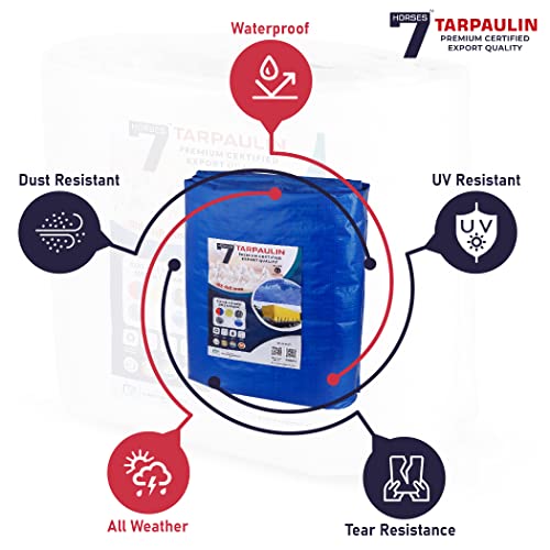 Image of 7 Horses 24 x 36 ft 180 GSM Blue Tarpaulin Tirpal Tadpatri Tharpai Thadika|Heavy Duty Poly Tarp with Aluminium Eyelets Every 7 feet|100% Waterproof Plastic Cover for Truck, Roof, Rain & More