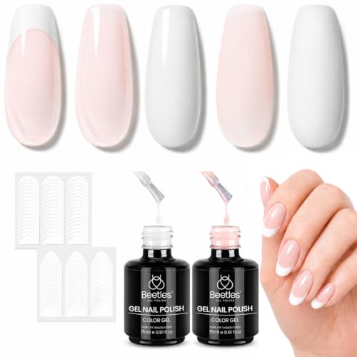 Beetles French Tip Gel Polish Set, White Nude Pink French Manicure Kit | 2 Nail Art Stickers for Diy Uv/Led Manicures At Home Or Salon, Suitable for Adding Quick Accent Designs