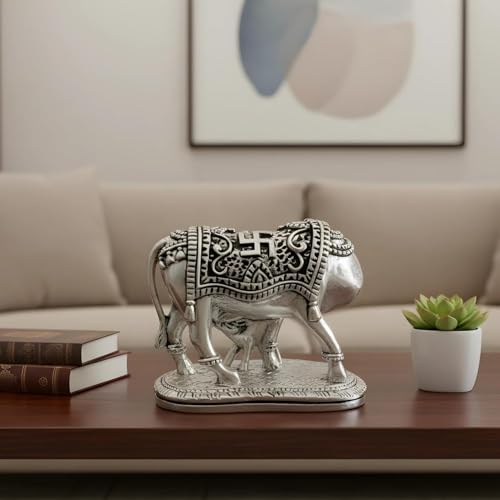 Image of 999 Pure Silver Plated Kamdhenu Cow with Calf Idol | Auspicious Vastu Home Decor for Pooja Room & Mandir | Symbol of Prosperity & Abundance | Religious Gift Showpiece