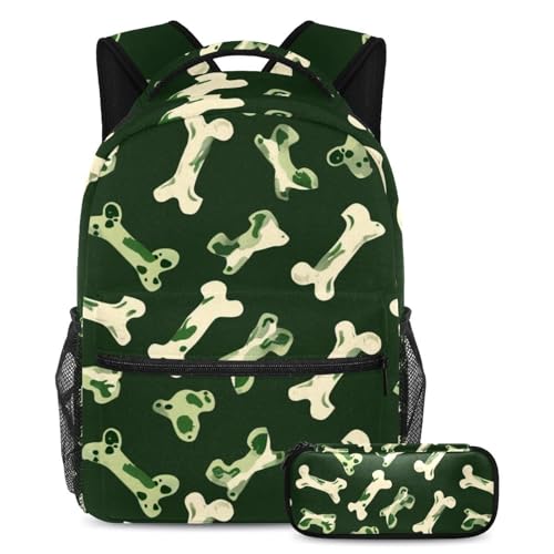 Sac à dos Aquarelle Green Bones Dog Paw avec trousse d'école pour élèves