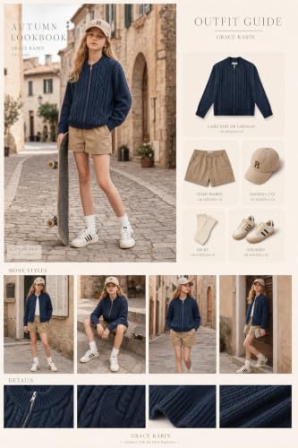Image of GRACE KARIN Girls Knit Cardigan Sweater Zip Long Sleeve Kids School Uniform Fall Jacket Size 6-14