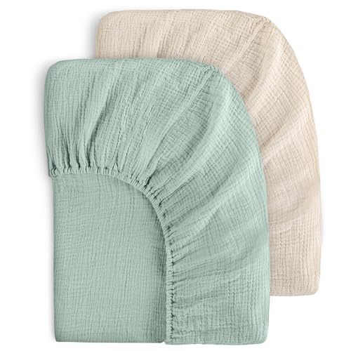 Image of Yoofoss Muslin Crib Sheets for Boys Girls 100% Cotton Fitted Baby Crib Sheet 2 Pack Soft and Breathable for Standard Crib Mattress & Toddler Mattress 52"x28" Apricot&Green