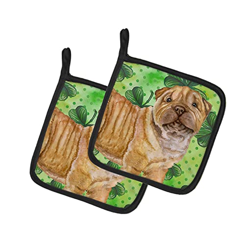 Caroline's Treasures BB9893PTHD Shar Pei Puppy St Patrick's Pair of Pot Holders, Green Kitchen Heat Resistant Pot Holders Sets Oven Hot Pads for Cooking Baking BBQ, 7 1/2 x 7 1/2