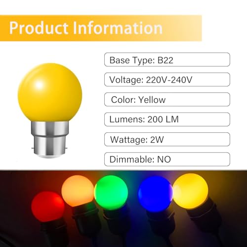 ZFQ 10 Pack B22 Bayonet Colored LED Light Bulbs 2W G45 Golf Ball Mini Globe Bulb Lighting Bulbs,Yellow for Outdoor Indoor String Patio Garden Party Christmas - Image 2