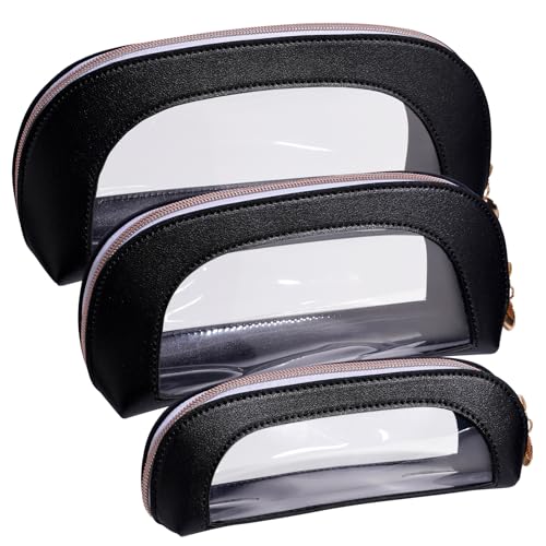 BS-MALL 3 Pcs Makeup Bag Set, Waterproof Travel Makeup Kit with Zippers, Lightweight Travel Bag for Makeup Brush Holder & Organizer, Fashionable Leather Case for Daily Use & Storage (Black)