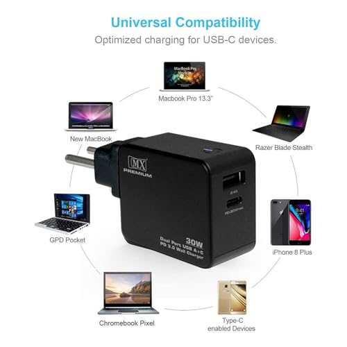 Image of MX 30W Fast Charger USB C PD Wall Charger Dual Port Adapter (USB-C + USB-A) Compact Mobile Charger for iPhone 15 /14 /13 /12, Samsung Galaxy, Pixel, iPad, Android Phones & Tablets Travel Power Adapter