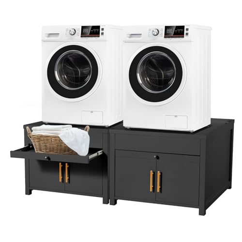 Image of Laundry Pedestal for Washer and Dryer 700LBS Washer Dryer Pedestal | Heavy Duty Shock-Proof Washer Stands, Washer and Dryer Stand with Pull-Out Shelf Hidden Storage Drainage,Black