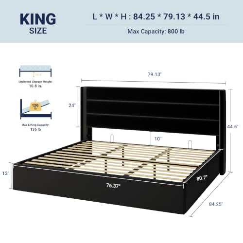 Image of Allewie King Size Lift Up Hydraulic Storage Bed Frame Black | Modern Wingback Headboard, Hydraulic Support Storage, No Box Spring Needed