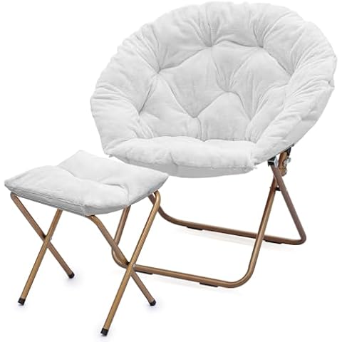 MoNiBloom Round Folding Faux Fur Saucer Chair for Bedroom Living Room Dorm Foldable Metal Frame Oversized Large Comfy Furry Padded Soft Cozy Moon Chair with Footrest Ottoman for Adults (White) Cover