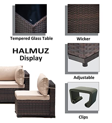 Halmuz 8 Piece Outdoor Patio Furniture With 55000 Btu Propane Fire Pit Table, Pe Wicker Rattan Outdoor Sofa Conversation Set,Sectional Furniture Patio Set W/Tempered Glass Top Table&Gas Fire Pit(Sand) #TOP2