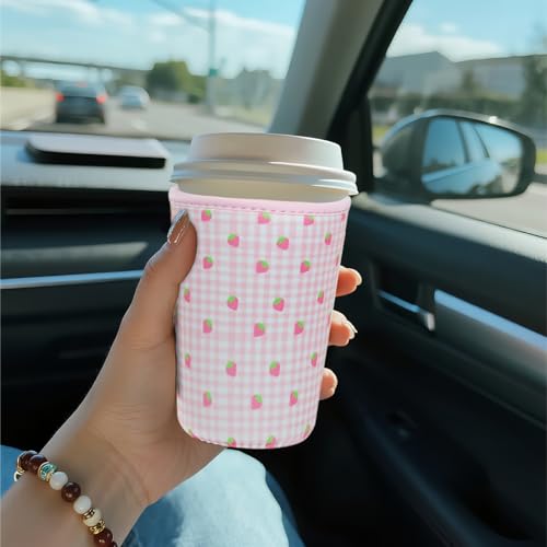 Image of Reusable Insulated Sleeve for Iced Coffee Cup, Coffee Neoprene Sleeve for Cold & Hot Drinks, Beverage Holder for Iced Coffee (Strawberry Grid, Medium: 22-24oz)
