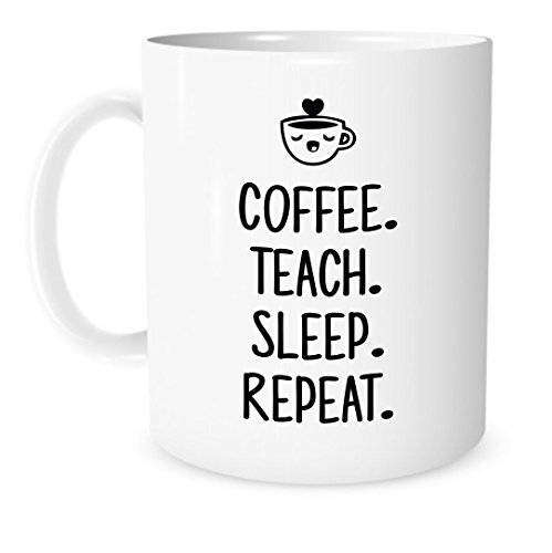 PDTXCLS The Coffee Corner - Coffee Teach Sleep Repeat Mug - 11 Ounce White Ceramic Coffee or Tea Mug - Teacher Coffee Cup - Gift for Teachers, for Teacher