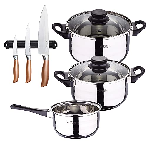 Bateria de cocina 5 piezas San Ignacio de acero inoxidable con set de 3 cuchillos en acero...