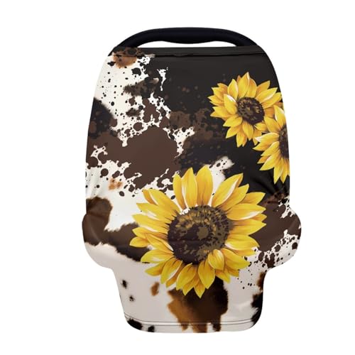 Image of Wanyint Sunflower Brown Cow Print Muslin Car Seat Canopy,Baby Car Seat Cover Canopy Covers,Breathable & Lightweight,Infant Stroller Covers,Nursing Covers for Babies