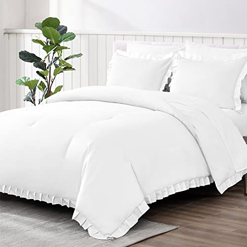 Shatex White Comforter Queen Size- 3 Piece Ruffled Comforter Bedding Set All Season Bedding Comforter Set,Ultra Soft Polyester Bedding Comforters- White With Ruffles #TOP8
