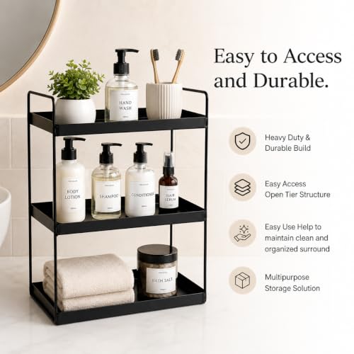Image of SJC GLOBAL Premium 3 Tier Heavy Duty Metal Storage Rack - Multipurpose Kitchen Spice Organizer, Masala Stand, Bathroom Shelf & Cosmetic Holder, Kitchen Storage Rack - Freestanding Matte Black