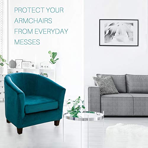 MIFXIN Tub Chair Slipcover 2-Piece Velvet Barrel Club Chair Covers with Cushion Cover Stretchy Soft Washable Armchair Sofa Couch Furniture Protector for Living Room Bar Counter Hotel (Bright Teal)