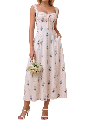 Image of KUTUMAI Floral Corset Midi Dresses for Women 2026 Lace Up Flowy Summer Wedding Guest Dress with Pockets