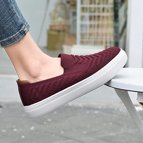 Konhill Women's Silp-On Loafer Shoes Mesh Casual Walking Comfortable Work Sneakers 7 Us B/Burgundy #TOP3