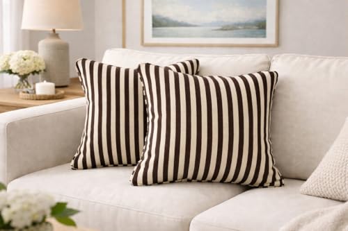Image of 100% Cotton - Dark Brown Stripes Cushion Covers Set of 1 (16 x 16 inches) - Cushion Covers for Sofa & Living Room Decor