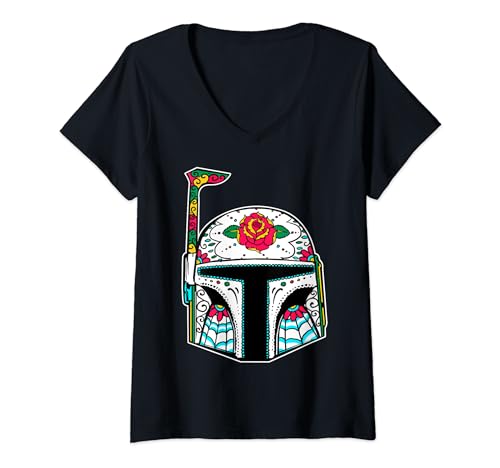 T-shirt Star Wars femme col en V avec motif tête de mort Boba Fett