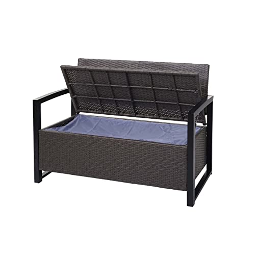 Mendler Poly-Rattan 2er Sitzbank HWC-F39, Gartenbank Truhenbank, Staufach Aufbewahrung Sitzkissen – grau-meliert, Kissen grau