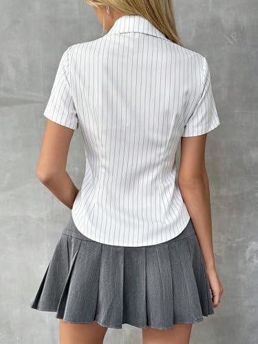 Image of Aahwan White Solid Button-Down Striped Print Casual Short Sleeve Shirt for Women's & Girl's