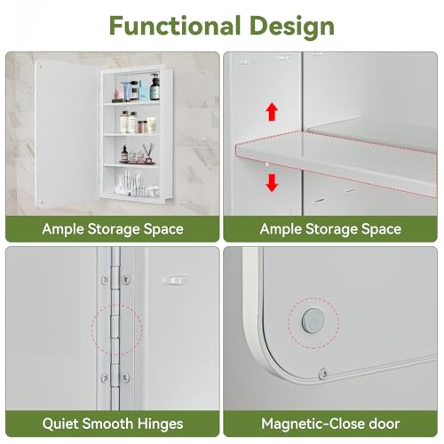 17 x 27 White Bathroom Medicine Cabinet with Mirror Metal Frame Recessed Or Wall Mounted Single Door Storage Medicine Cabinets with Adjustable Shelves Rounded Corner by MirorMagic - Used condition - Image 4