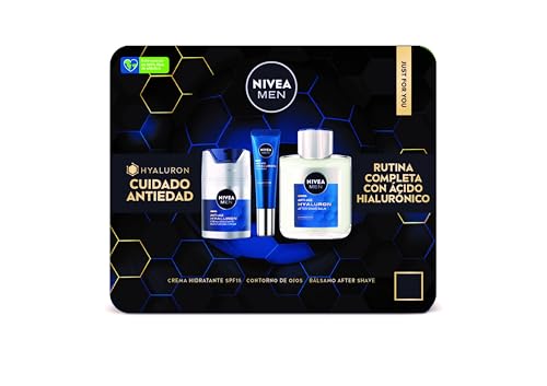 NIVEA MEN Pack Rutina Antiedad Hyaluron - Crema de Día Antiedad SPF15 50ml + Cortorno de Ojos Hyaluron 15 ml + Bálsamo After Shave Antiedad 100ml - Pack Antiedad