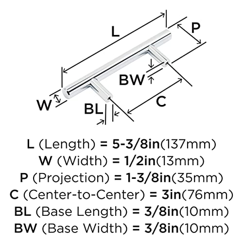 Image of Amerock | Cabinet Pull | Polished Chrome | 3 inch (76 mm) Center to Center | Bar Pulls | 1 Pack | Drawer Pull | Drawer Handle | Cabinet Hardware | 3 inch (76mm) Center-to-Center Mounting Distance and 5-3 /8 inches Overall Length, Durable Carbon Steel Cabinet Hardware