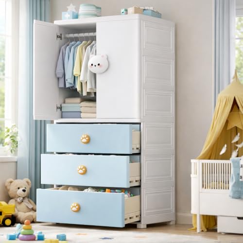 Image of AYSIS Kids Plastic Collapsible Wardrobe Organizer for Storage with Drawers | Cute Cartoon Design | Heavy Duty Cloth Organizer for Storage | Easy to Assemble | Perfect for Kids Room & Home | Bear