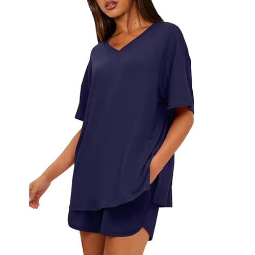 Marvmys Womens Pajama Sets Short Sleeve Pajamas V Neck Sleepwear Oversized Pjs Summer Lounge Sets with Pockets S-XXL Medium Navy