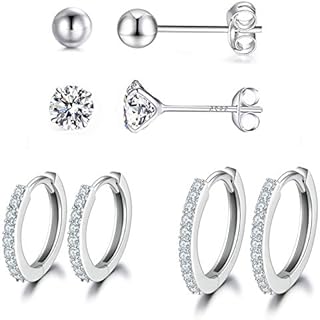 Sterling Silver Stud Hoops Earrings for Women Girls, 4 Pairs Hypoallergenic Small 3mm Round Ball Cubic Zirconia Stud Earring 10mm 12mm Cartilage Sleeper Huggie Hoops Earring Set