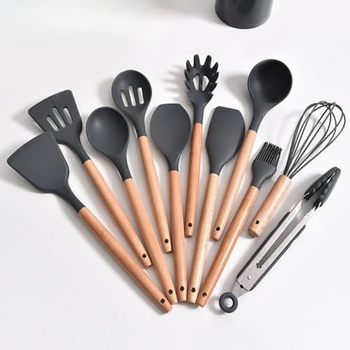 Kit 12 Utensílios De Cozinha Em Silicone Antiaderentes Com Cabo De Madeira Com Suporte Colher Espátu