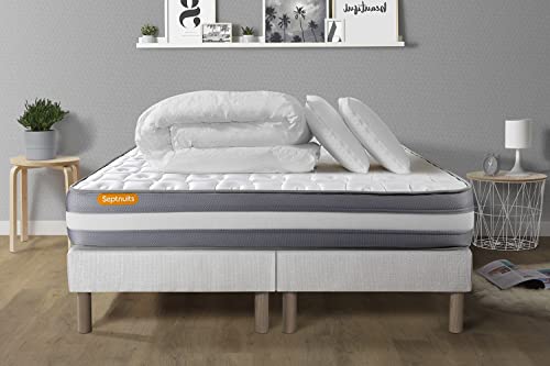 Septnuits Pack Matelas 180x200 + Double sommiers 90x200 Memo Plus Mémoire de Forme 3 Zones + 2 oreillers + Couette | Epaisseur : 24 cm | Confort : Ferme Cover