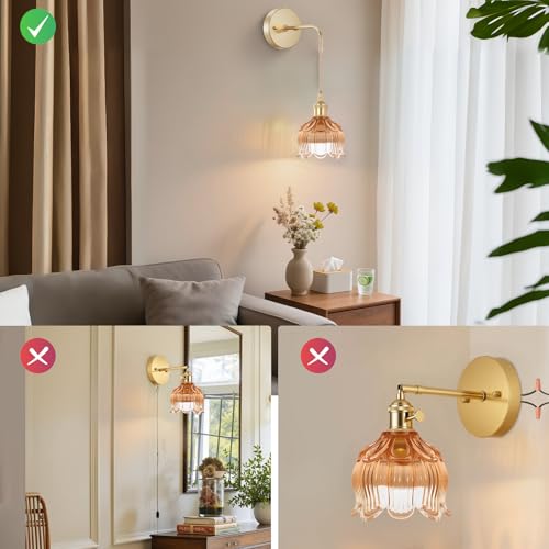 Image of Battery Operated Wall Sconces CCT Dimmable Wireless Sconces Set of 2, Vintage Light Fixture with Amber Flower Glass Lampshade Wall Decor Set of 2 for Living Room Bedroom Bedside Bathroom