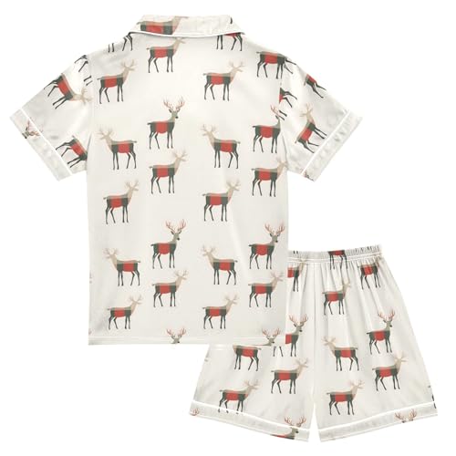 Christmas Pattern Deer Summer Satin Pajama Set, Cute Button-Down Sleepwear Pj Set for Sleep Wears2