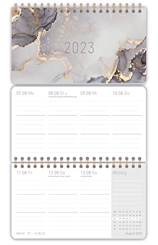 Pocket Wochen-Tischkalender 2023 [Grey Marble] 16 x 9 cm | 1 Woche 2 Seiten | Mini Wochenkalender, kleiner Schreibtisch-Kalender | nachhaltig & klimaneutral