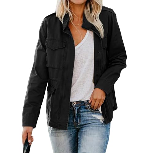 Women's Military Anorak Jackets Zip Up Parka Safari Utility Coats Snap Buttons Outerwear with Pocket2