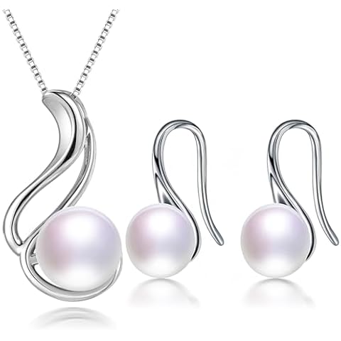HENGSHENG Bridal Wedding Jewelry 8-9 mm Genuine Pearl 18'' Pendant Necklace Earrings Set for Women 925 Sterling Silver White Cover