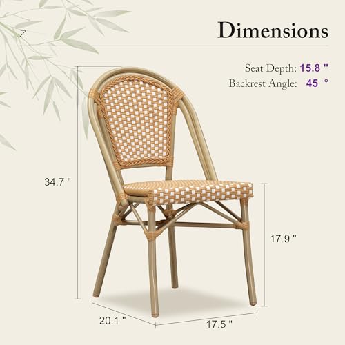 Image of PURPLE LEAF Outdoor Dining Chair Set of 2 Patio French Aluminium Frame in Bamboo Finish with Amber & White Woven Rattan for Indoor Kitchen Deck Bistros Cafe Restaurant